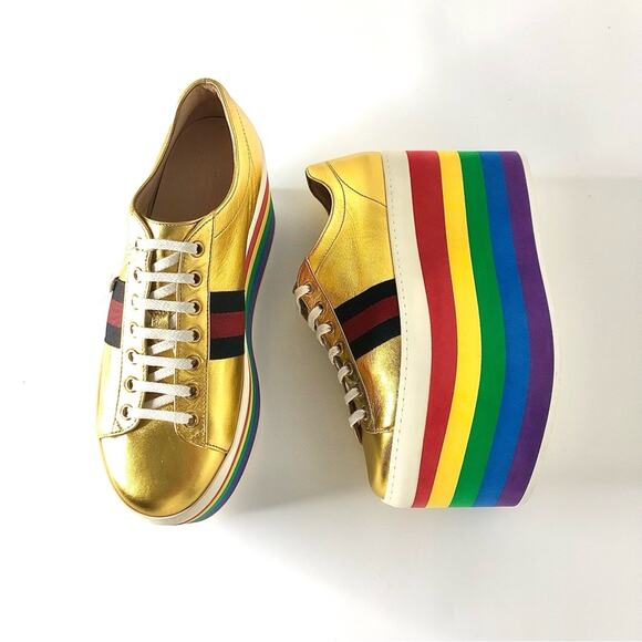 Gucci Peggy Rainbow Stripe Metallic Gold Platform Sneakers 39 - Picture 1 of 12